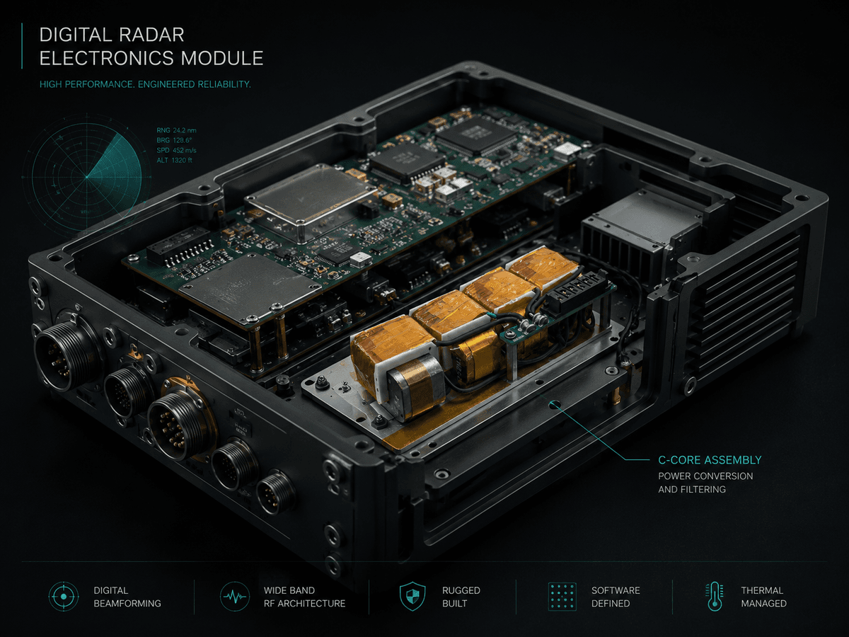 Digital radar electronics module with C-core assembly. Representative communication and radar application visual.