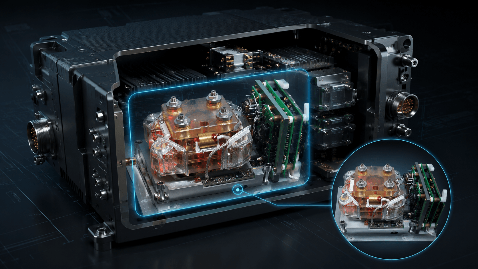 Complex electronics integration module with multiple sub-assemblies. Representative integration assembly visual.