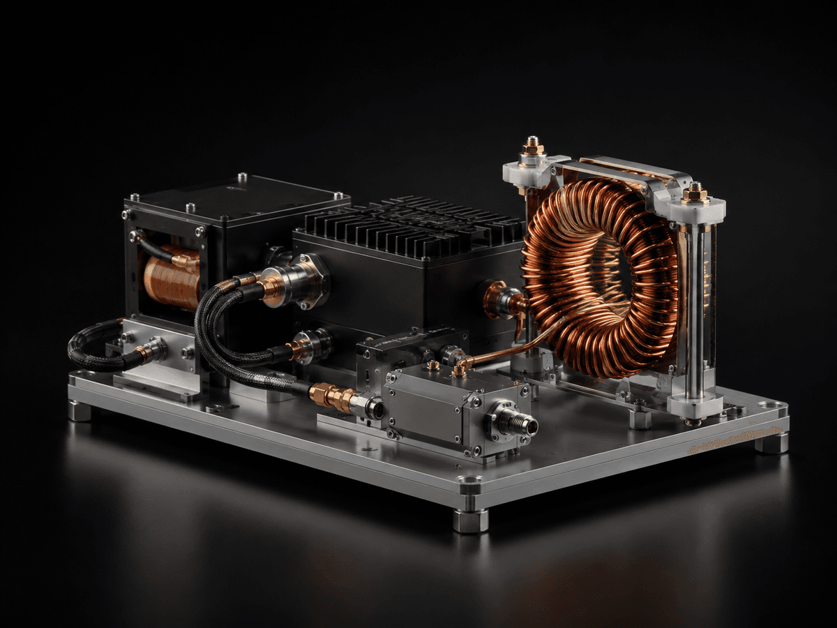 RF electromagnetic assembly with transformer and air-coil. Representative RF and electronic assembly visual.