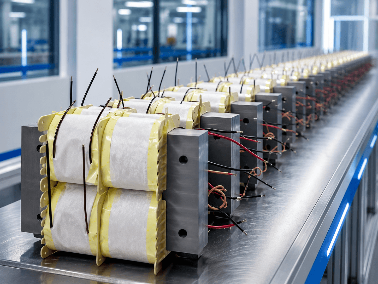 Series of wound transformer assemblies for medical-related manufacturing. Representative in-process production visual.