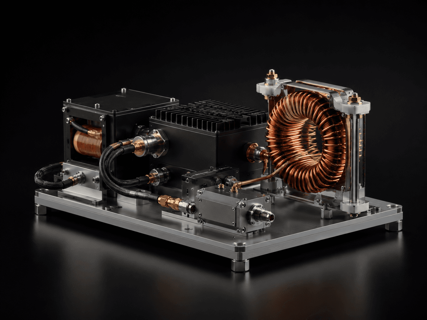 RF electromagnetic assembly with transformer and air-coil on dark background. Representative RF assembly visual.